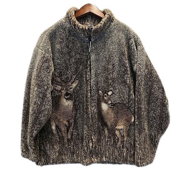 Vtg Black Mountain Mens Buck Doe High Pile Fleece Jacket Sz M Deer USA Hunting - Picture 1 of 8